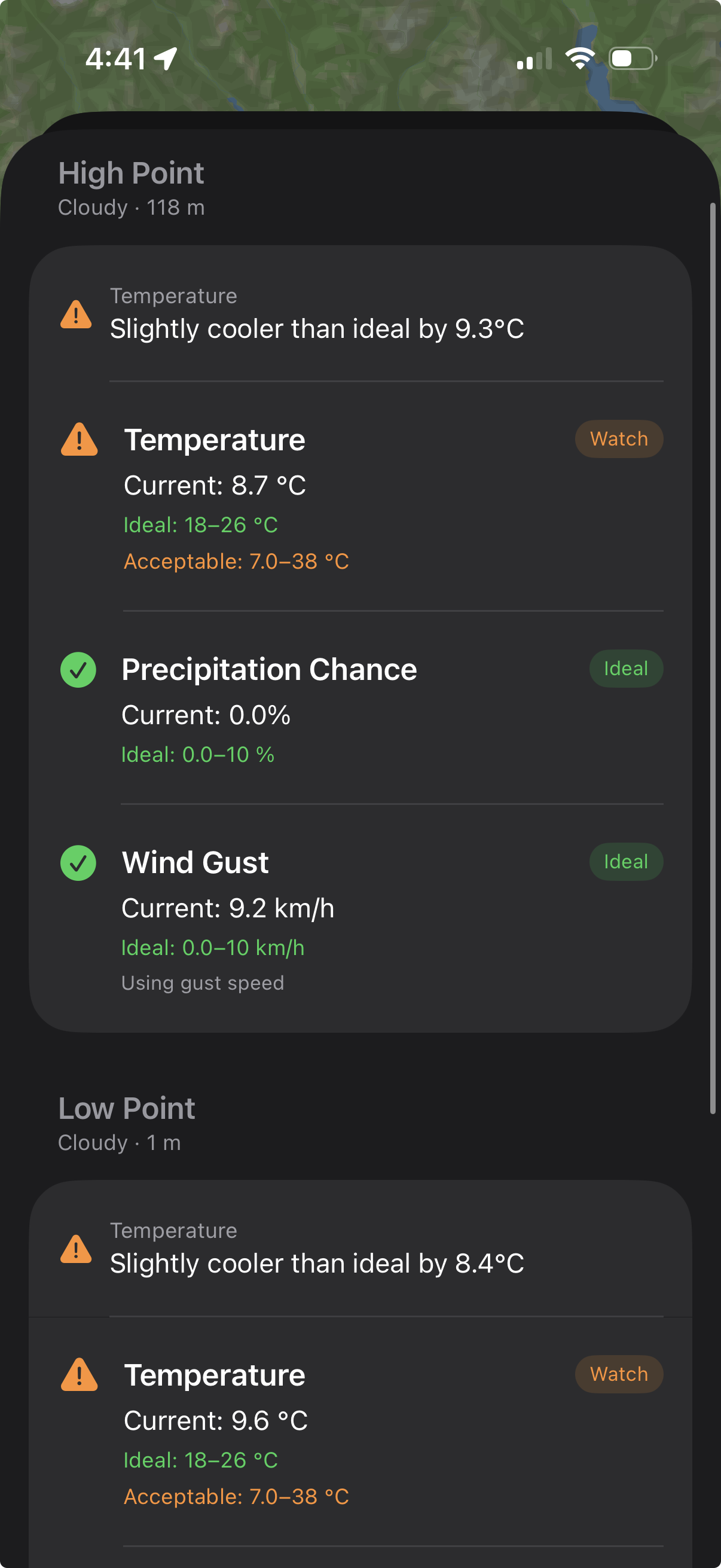 Ideal Conditions per sport settings